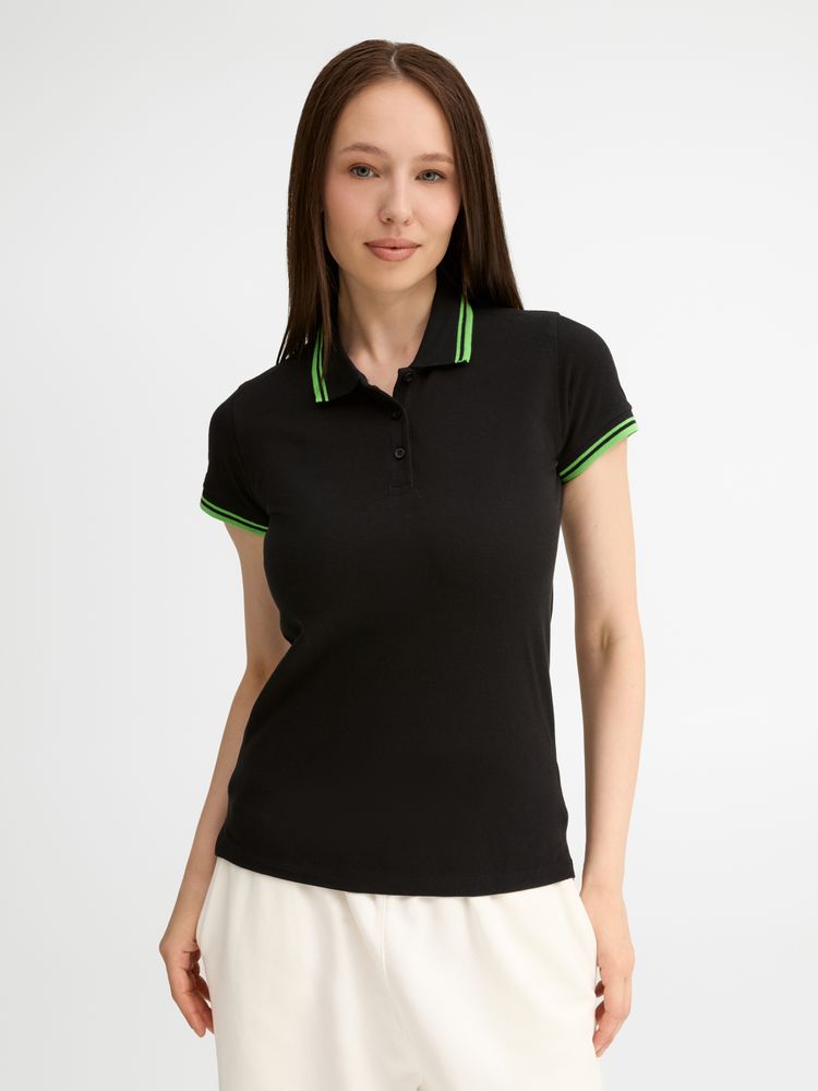 Рубашка поло женская Pasadena Women 200 с контрастной отделкой, черная с зеленым / Миниатюра модельного (1000)