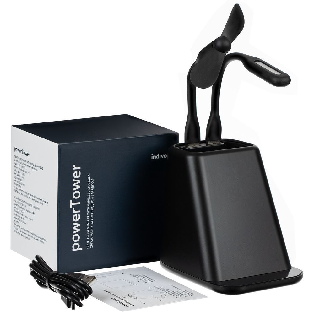 Настольный органайзер с зарядкой, лампой и вентилятором powerTower, черный / Миниатюра WWW (1000)