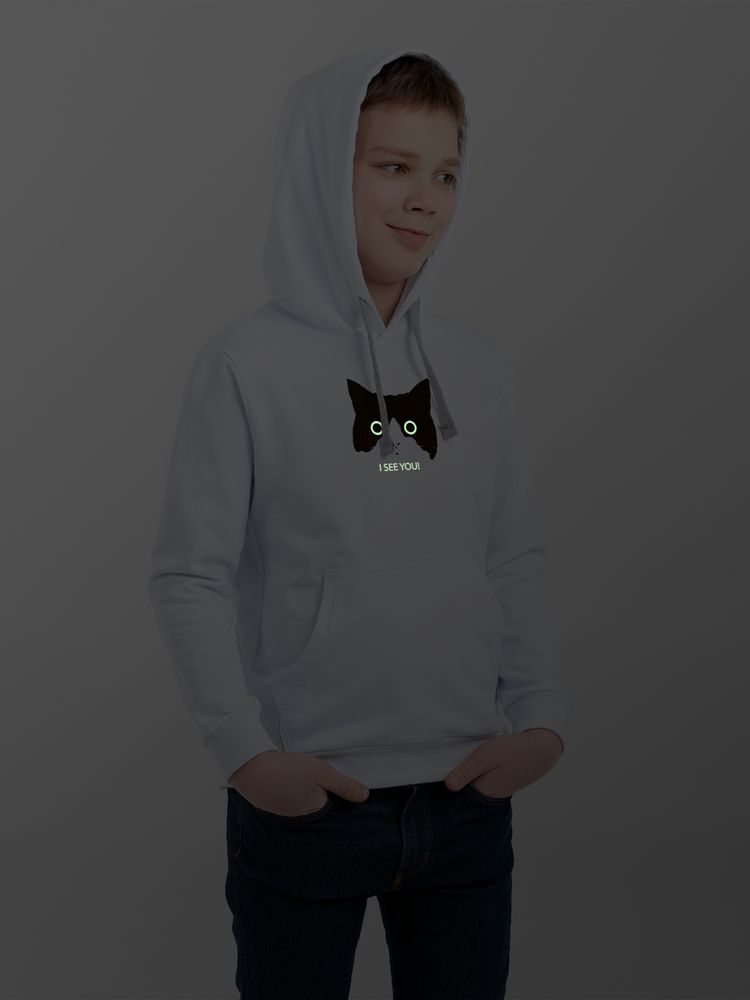 Толстовка с капюшоном детская I See You со светящимся принтом, белая / Миниатюра WWW (1000)