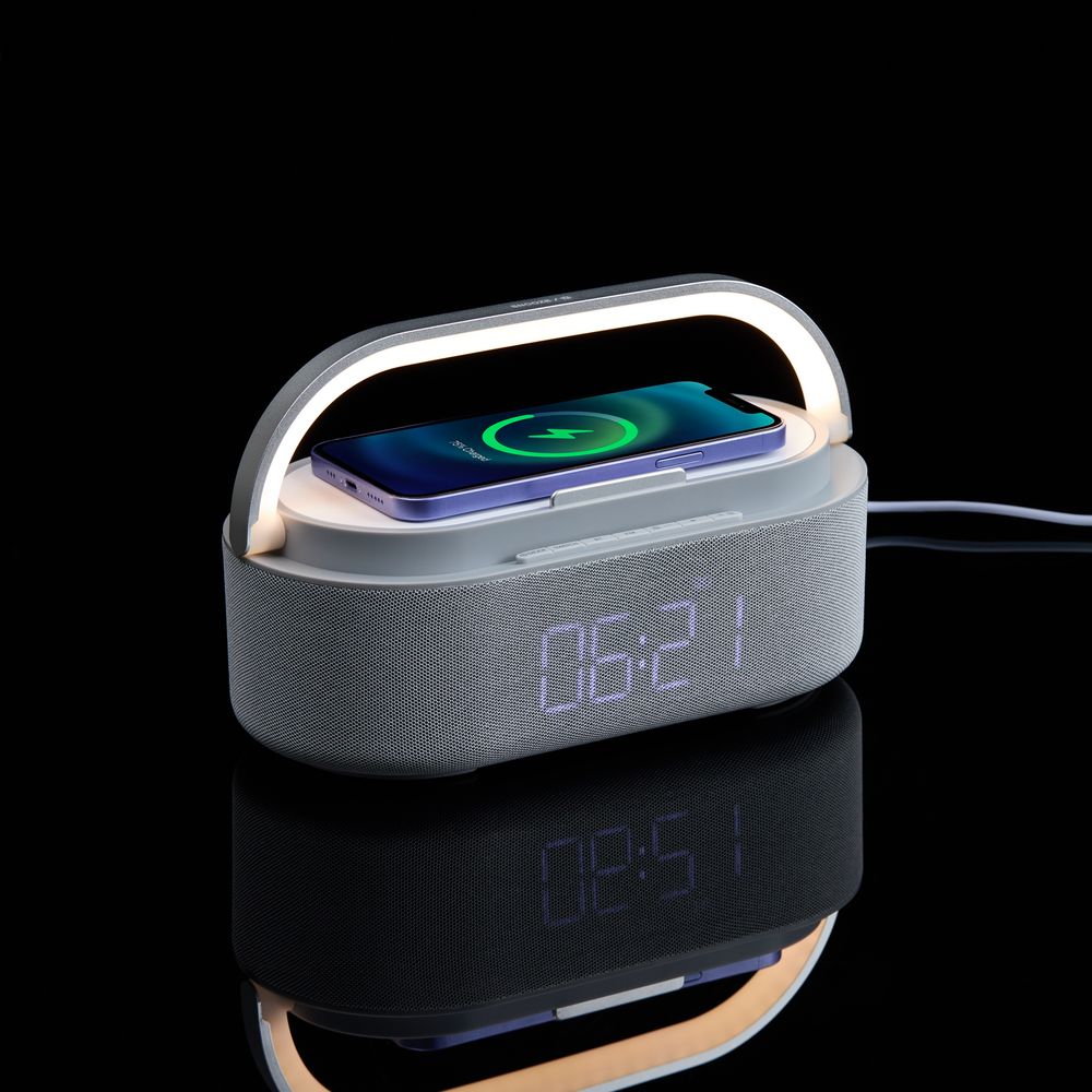 Колонка с часами и беспроводной зарядкой Veske ver.2, серая / Миниатюра WWW (1000)