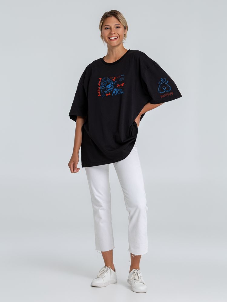 Футболка оверсайз с термонаклейками «Не трогай мою собаку!», черная / Миниатюра WWW (1000)