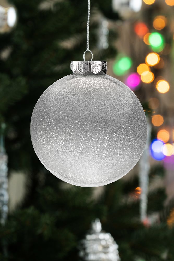 Елочный шар Finery Gloss, 10 см, глянцевый серебристый с глиттером / Миниатюра WWW (1000)