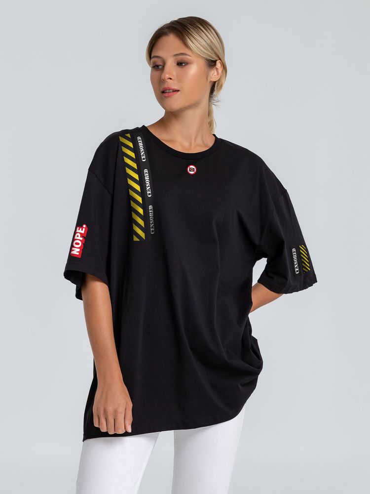 Футболка оверсайз с термонаклейками Cautions, черная / Миниатюра WWW (1000)