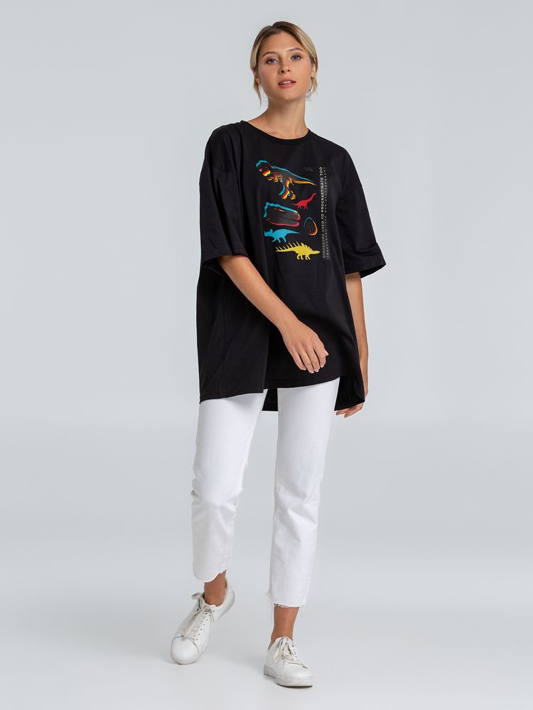 Футболка оверсайз с термонаклейками «Динозавры-прокрастинаторы», черная / Миниатюра WWW (1000)