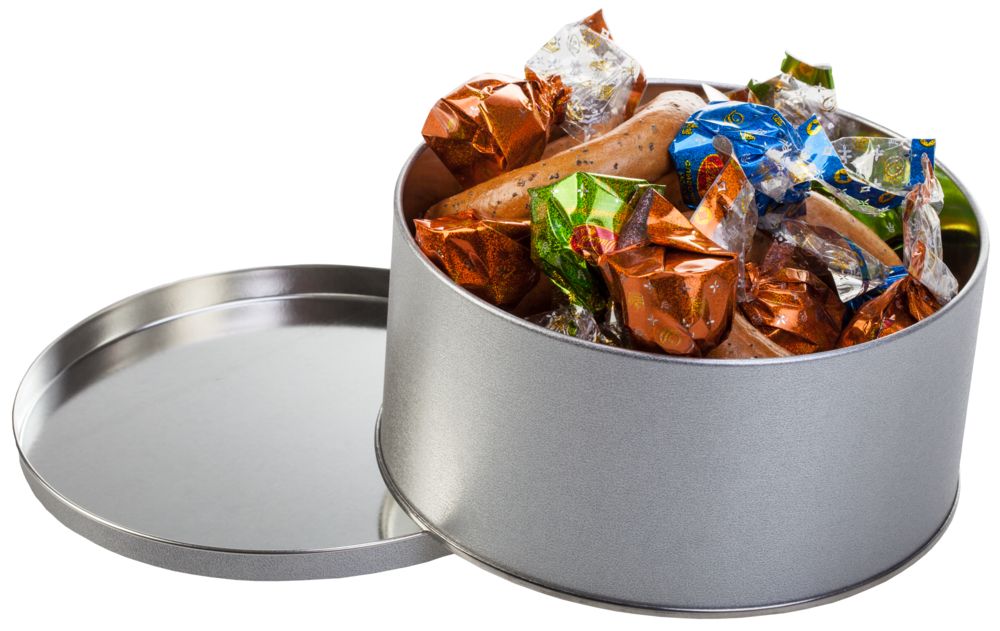 Коробка круглая, средняя, серебристая / Миниатюра WWW (1000)